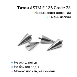 Интернал-конус 4 х 8 мм для украшений со стержнем 1,2 мм (резьба 0,9 мм). Титан. TBSI0948
