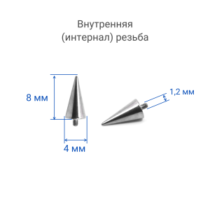 Интернал-конус 4 х 8 мм для микродермалов и пирсинга с стержнем 1,6 мм (резьба 1,2 мм). Титан. TBSI1248