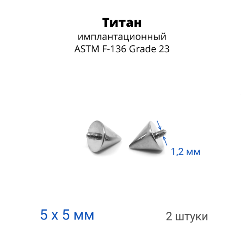 Интернал-конусы 5 мм (2 штуки) для микродермалов и пирсинга с стержнем 1,6 мм (резьба 1,2 мм). Титан. TBSI125-2
