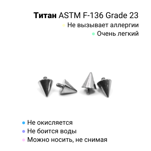 Интернал-конусы 4 мм (2 штуки) для микродермалов и пирсинга с стержнем 1,6 мм (резьба 1,2 мм). Титан. TBSI124-2