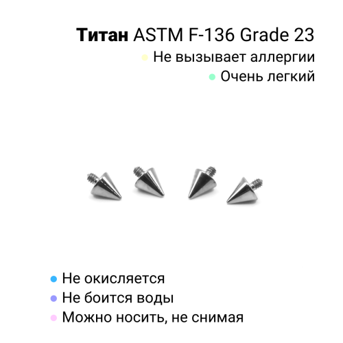 Интернал-конусы 3 мм (2 штуки) для микродермалов и пирсинга с стержнем 1,6 мм (резьба 1,2 мм). Титан. TBSI123-2