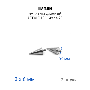 Интернал-конусы 3 х 6 мм (2 штуки) для украшений со стержнем 1,2 мм (резьба 0,9 мм). Титан. TBSI0936-2