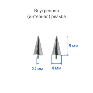 Интернал-конусы 4 х 8 мм (4 штуки) для украшений со стержнем 1,2 мм (резьба 0,9 мм). Титан. TBSI0948-4