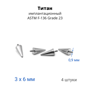 Интернал-конусы 3 х 6 мм (4 штуки) для украшений со стержнем 1,2 мм (резьба 0,9 мм). Титан. TBSI0936-4