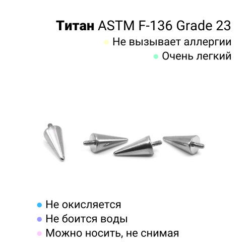 Интернал-конусы 3 х 6 мм (4 штуки) для украшений со стержнем 1,2 мм (резьба 0,9 мм). Титан. TBSI0936-4