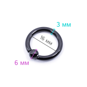 Кольцо 3 мм для пирсинга Принц Альберт, черное титановое покрытие. Шарик на пружине. BCRA8-SL