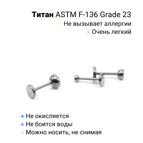 Лабрета 0,8 мм Push-in (без резьбы). Титан. ILTPJ20