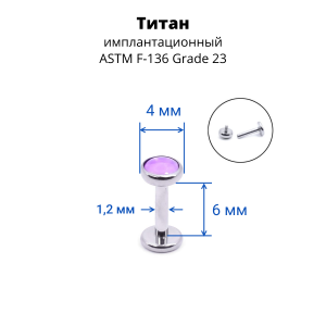 Интернал-лабрета 1,2 мм. Титан, вставка - аметист 4 мм. LBICST0694